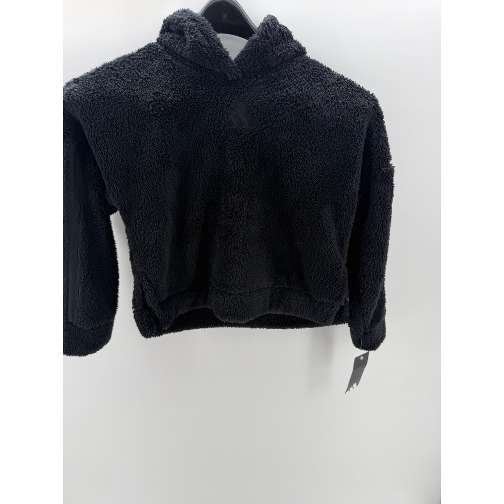 Adidas Hoodie Boys Size 6-7 Black New Fluffy Fleece Sherpa Pullover 3-Stripe